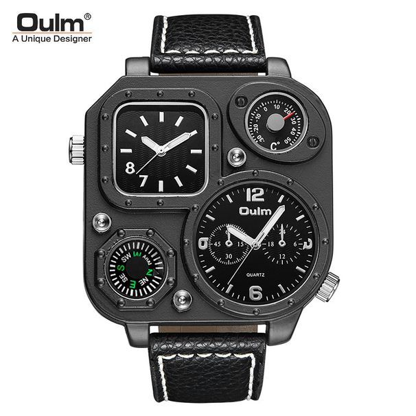 Men's Stylish Square Analog Quartz Watch With Compass, Dual Time Zone, Large Dial, And Leather Strap Dial Dual Time Zone Belt Square Watch_voghion.com