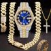 Hip Hop Diamond-Studded Watch Five-Piece Set With Diamond-Shaped Chain Cross Necklace And Cuban Ring_voghion.com