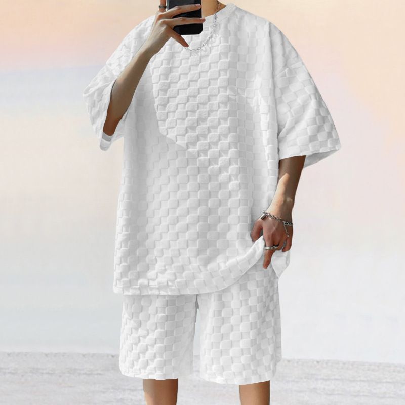2024 Sommer Herren-Set aus Jacquard-Karo-Kurzarm-T-Shirt mit lockerem, übergroßem, geradem Bein und lässigen Shorts_voghion.com