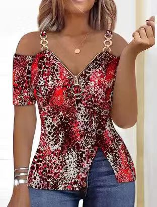 Women's  anchor pattern printed suspender zipper V-neck T-shirt_voghion.com