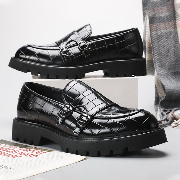 New Large Size Double Pin Buckle Loafers Men's Patent Leather Glossy Thick Heel Thick Sole Heightening Casual Leather Shoes_voghion.com