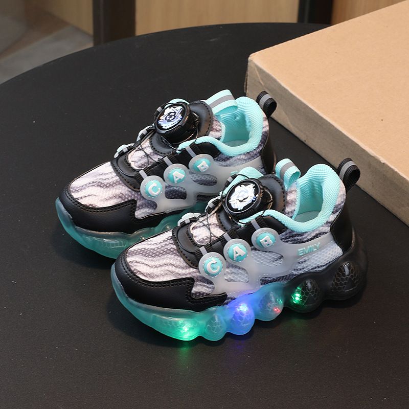 Nouvelles chaussures de sport pour enfants, chaussures légères pour enfants, chaussures en maille respirante pour petits enfants, lumière clignotante, bouton pivotant_voghion.com