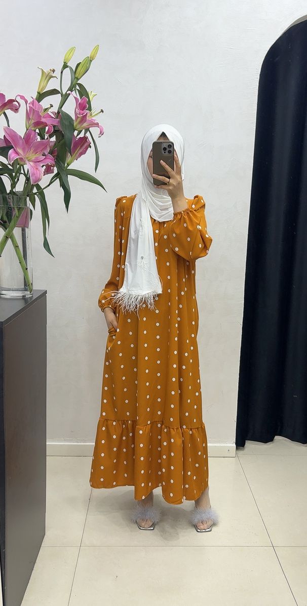 Women's Clothing Muslim Round Neck Belt Puff Sleeve Pocket Polka Dot Dress_voghion.com