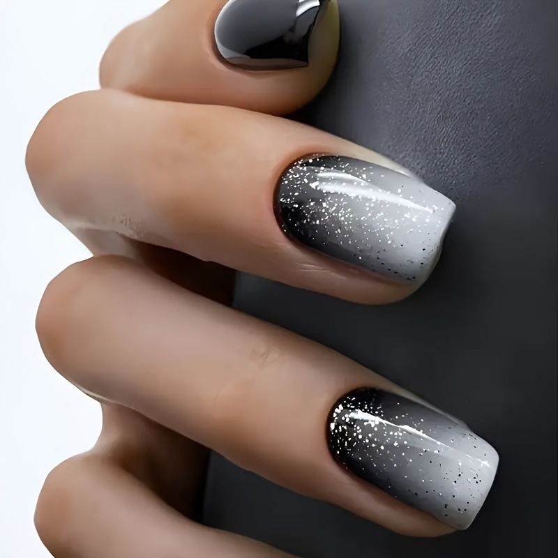 Unhas postiças pretas e brancas com glitter – 24 unidades de unhas postiças reutilizáveis, unhas curtas quadradas de acrílico para mulheres, unhas postiças fáceis de fazer (LC206)_voghion.com