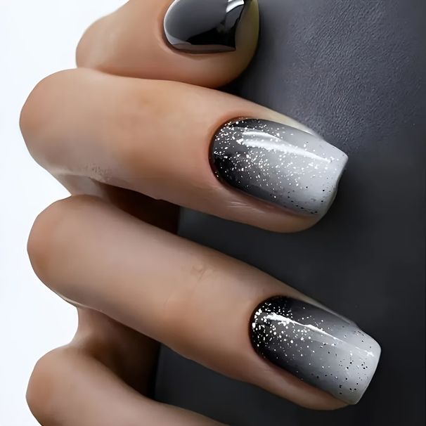 Unhas postiças pretas e brancas com glitter – 24 unidades de unhas postiças reutilizáveis, unhas curtas quadradas de acrílico para mulheres, unhas postiças fáceis de fazer (LC206)_voghion.com