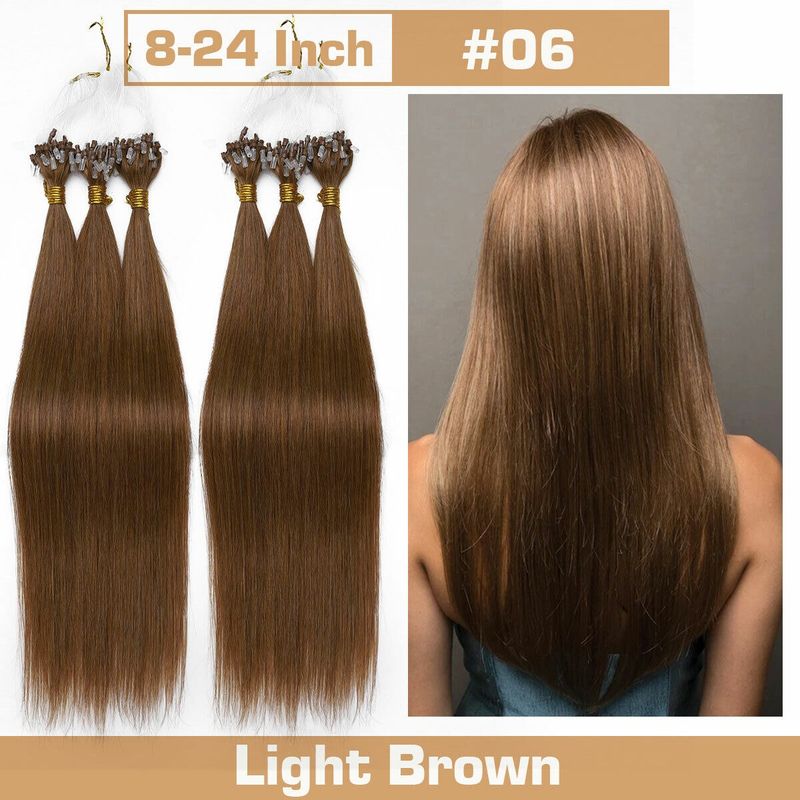 #06 Hellbraune, glatte Micro-Loop-Haarverlängerung, 100 % Remy-Menschenhaar, modisches Micro-Link-Haar, natürliches Menschenhaar für Frauen, 50 Stück/Set_voghion.com