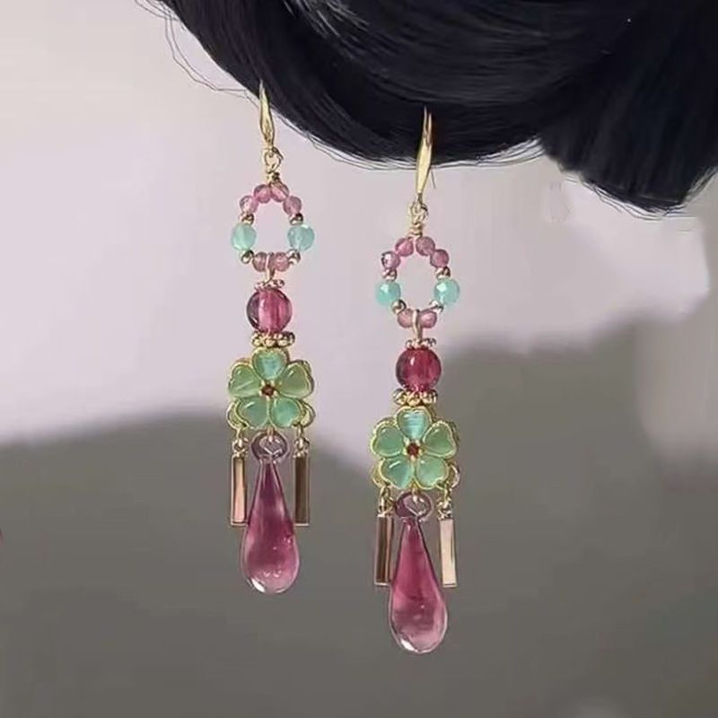 Neu Rosa Wasser Tropfen Anhänger Fransen Ohrringe Ethnische Stil Ohrringe Zubehör Ohrringe Frauen_voghion.com