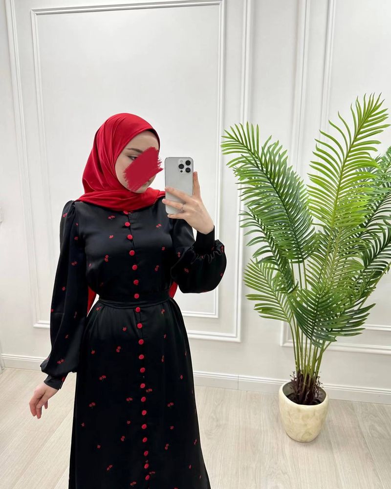 Women's  Muslim Style Fashion Print Belt Dress_voghion.com