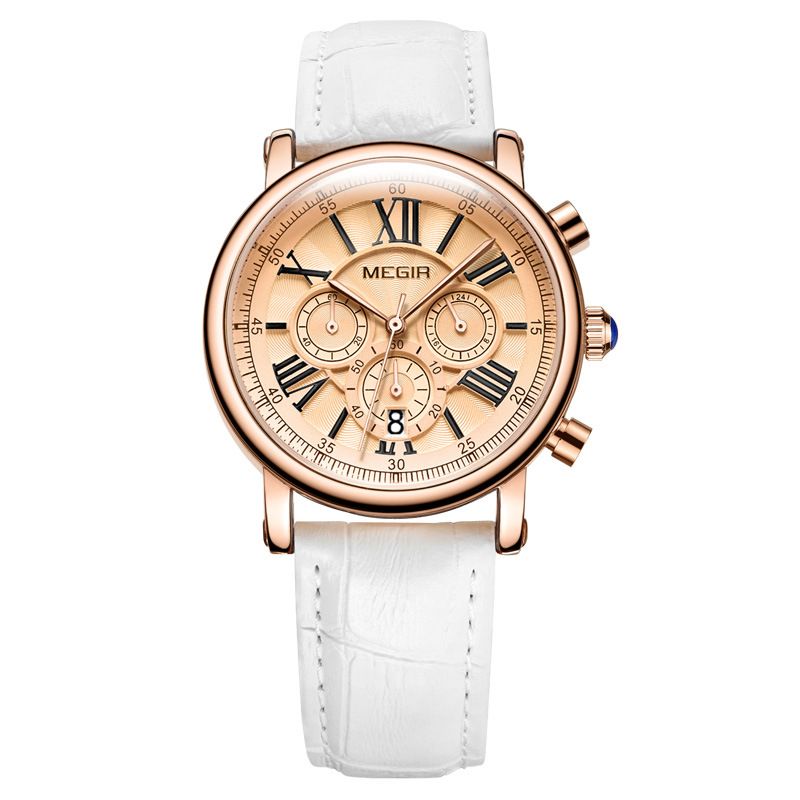 MEGIR Damenuhr Retro Multifunktionale Zeitschaltuhr Modische Wasserdicht Geschenk Quarz Lederuhr 2058_voghion.com