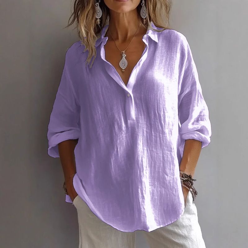 Camicia casual ampia e ampia in lino con scollo a V, a maniche lunghe, tinta unita, per donna, primavera ed estate_voghion.com