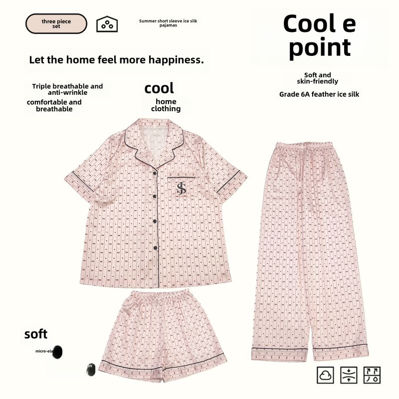 Cool Three-piece Ice Silk Pajamas Women's Short-sleeved suit Full-printed Bow Women's Summer Thin Home Clothes_voghion.com