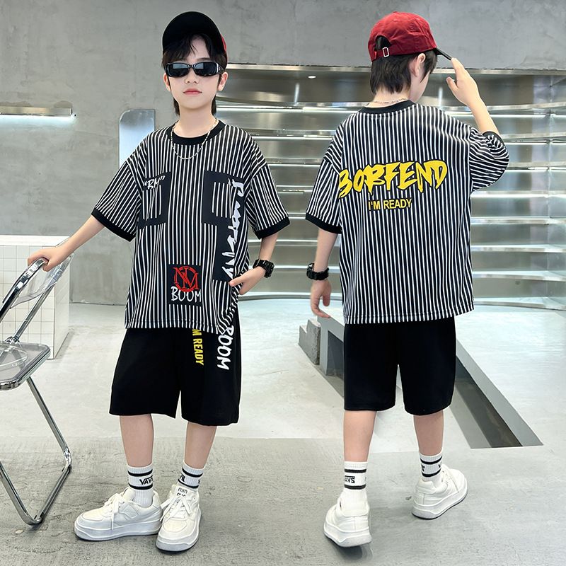 Kid's Clothing New summer children's street-blasting short-sleeved shorts suit boys striped print fashionable casual round neck suit_voghion.com