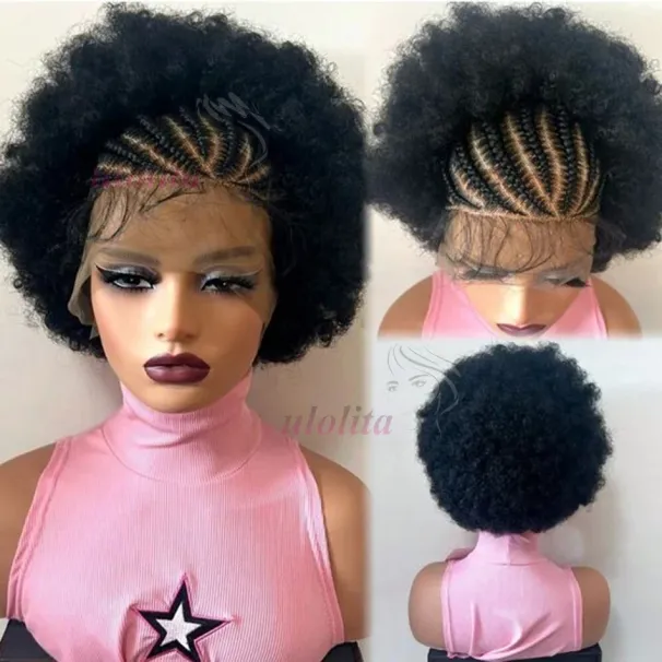 Human Hair Lace Front Braided Wig Short Curly Wigs for Black Women_voghion.com