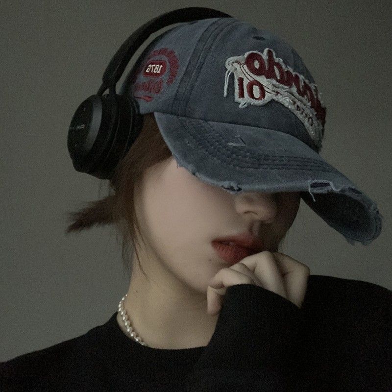 American Style Vintage Baseball Cap For Women, Large Head Circumference, Washed Distressed Denim Wide Brim Duckbill Cap,_voghion.com