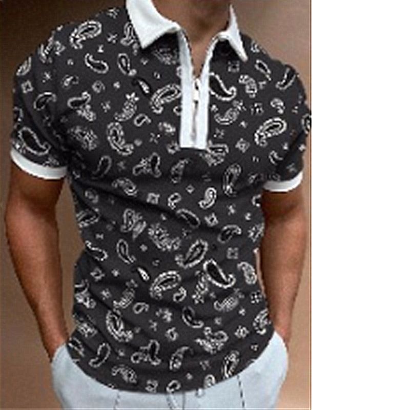 Men's Summer New Short-sleeved T-shirt Casual Printed Zipper Polo Shirt_voghion.com