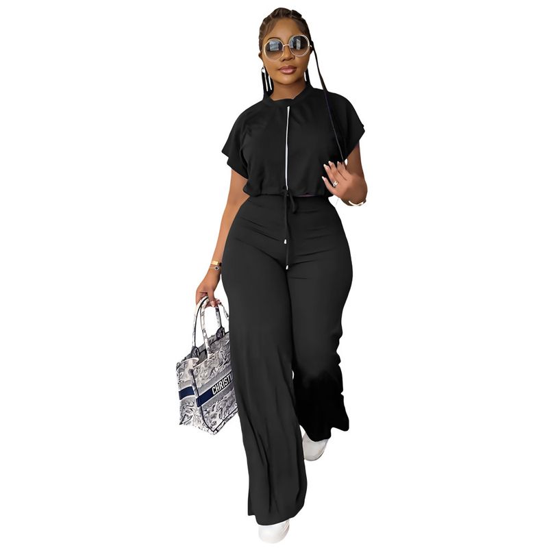 Women's Summer Drawstring Short Top High-waisted Split Trousers Two-piece Set_voghion.com