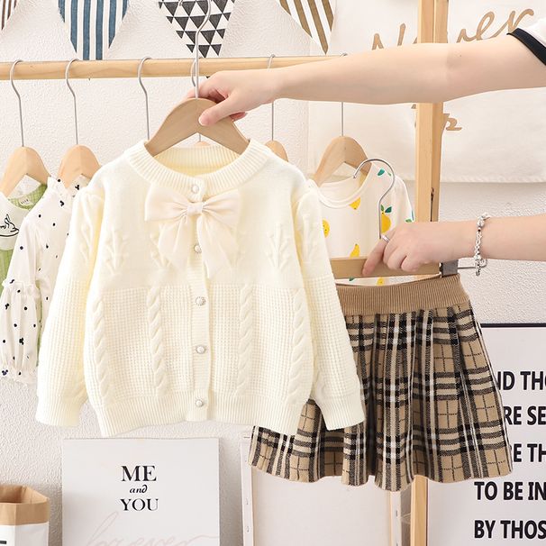 Barntröja Set Dam Treasure Tröja Klänning Flickor Stickad rosettklänning Två set_voghion.com