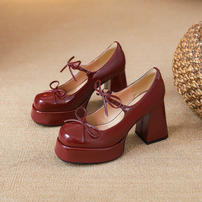 Red Mary Jane Shoes For Petite Women, High-End Waterproof Platform, Height-Increasing Engagement Chunky Heels,_voghion.com