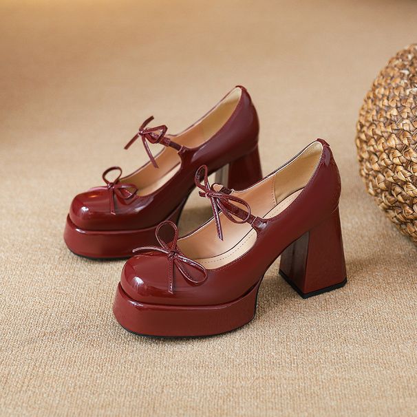 Red Mary Jane Shoes For Petite Women, High-End Waterproof Platform, Height-Increasing Engagement Chunky Heels,_voghion.com