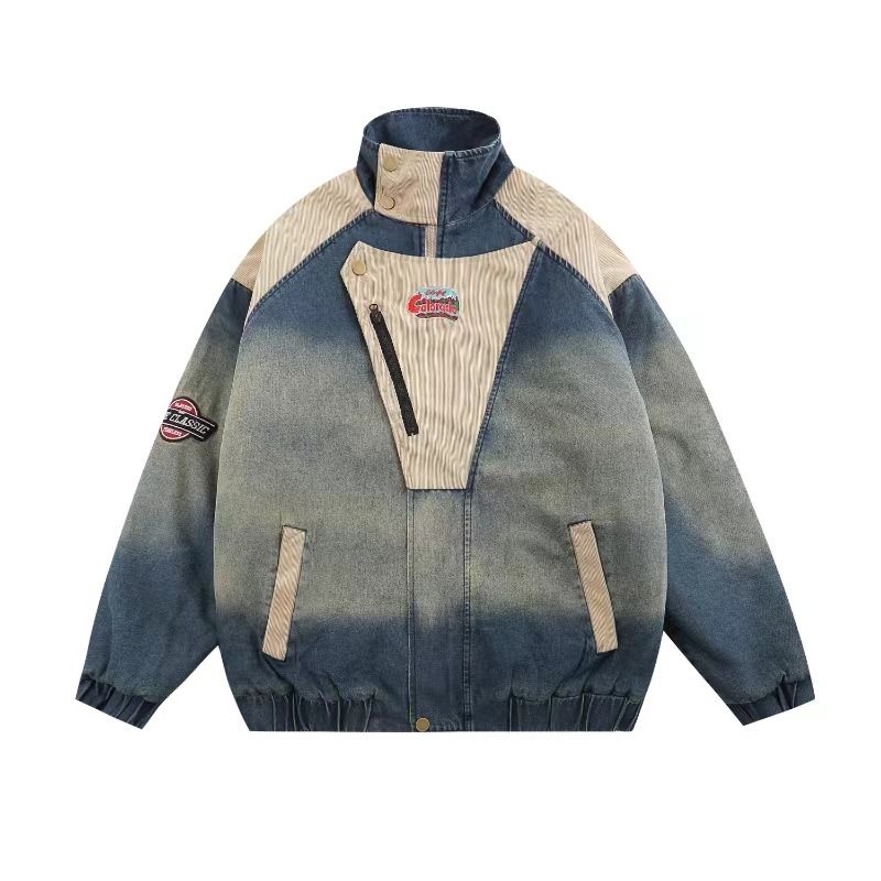 Men's Clothing Retro Denim Stitching Embroidery Stand Collar Jacket Cotton Coat Men And Women Autumn And Winter New Trendy Couple Quilted Jacket_voghion.com