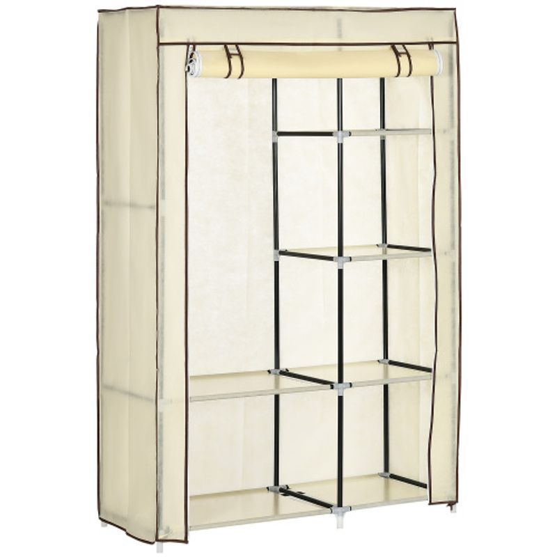 HOMCOM Kleiderschrank Stoffschrank Faltbar Mit 2 Kleiderstangen und 6 Fächern In Creme Für Schlafzimmer Und Flur_voghion.com