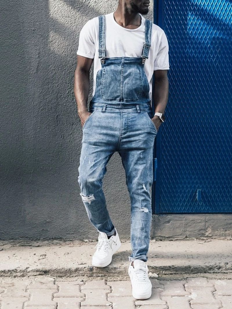 Men's Clothing Stylish Men's Suspender Denim Jumpsuit Ripped Jeans Trousers Trendy Work Wear_voghion.com
