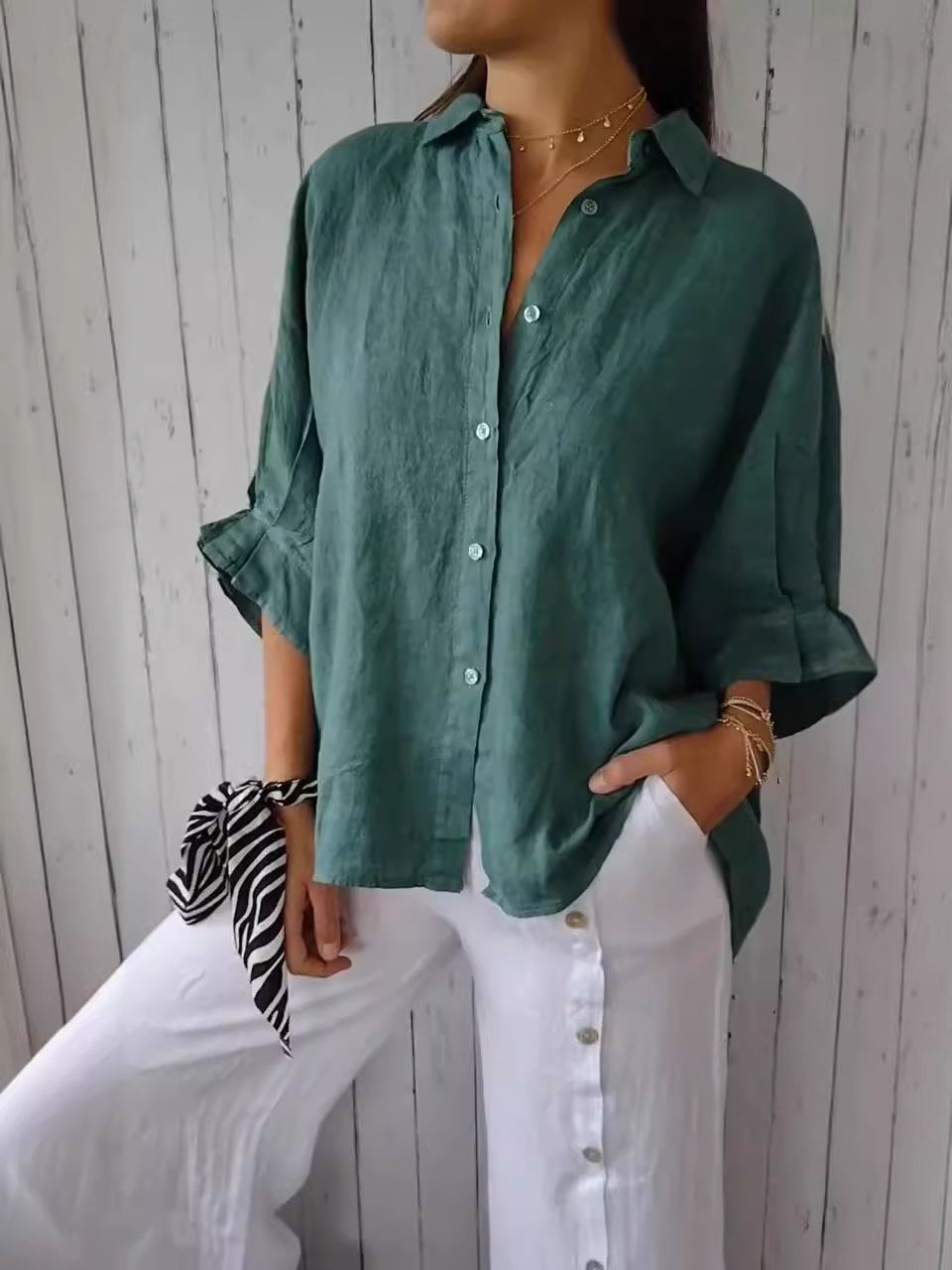 Camicia da donna in cotone e lino con design a cravatta sul retro_voghion.com