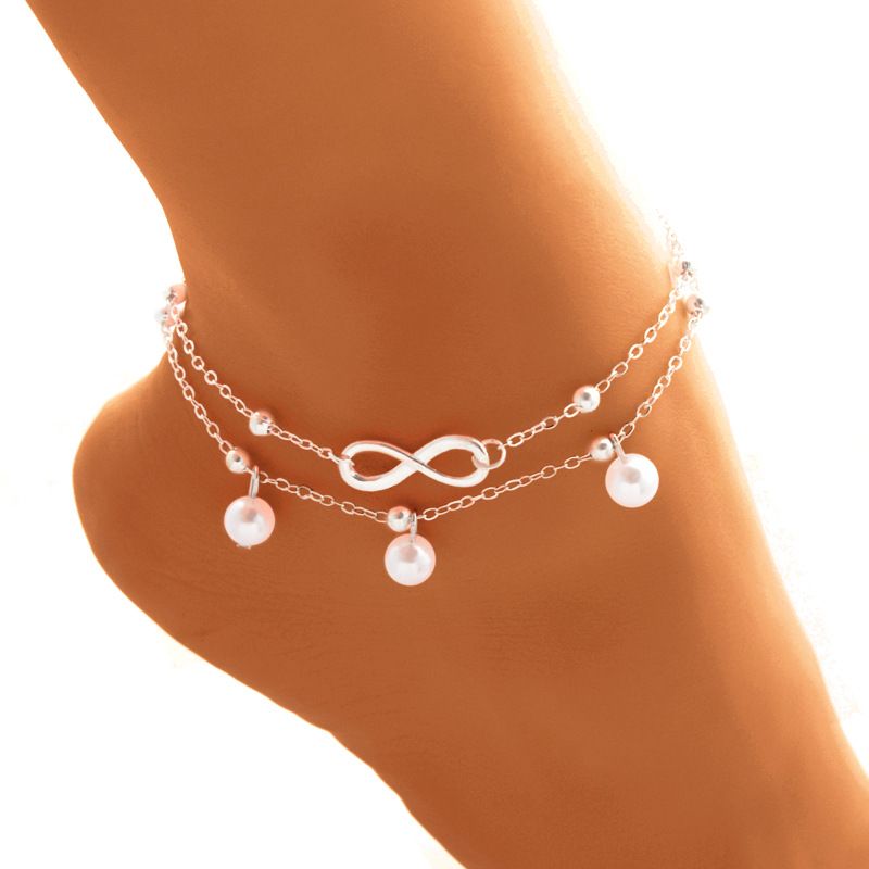 Moda duplo infinito simulado pérola pingente tornozeleira pé corrente verão pulseira charme 2 cores tornozeleiras pé jóias_voghion.com