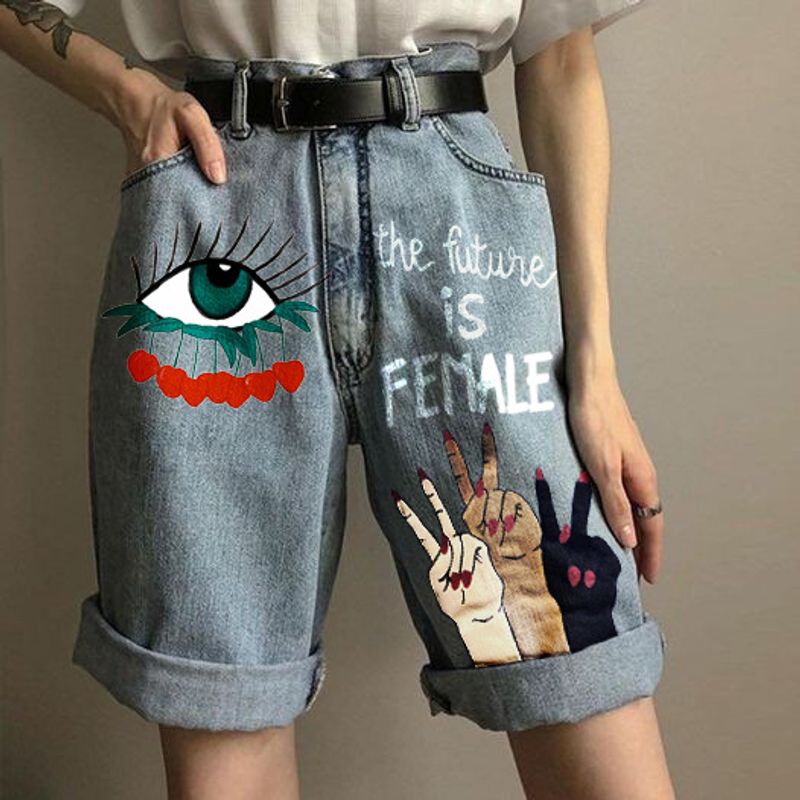 Vêtements pour femmes décontracté mode graffiti imprimé crâne os short en jean bouton unique e-commerce_voghion.com