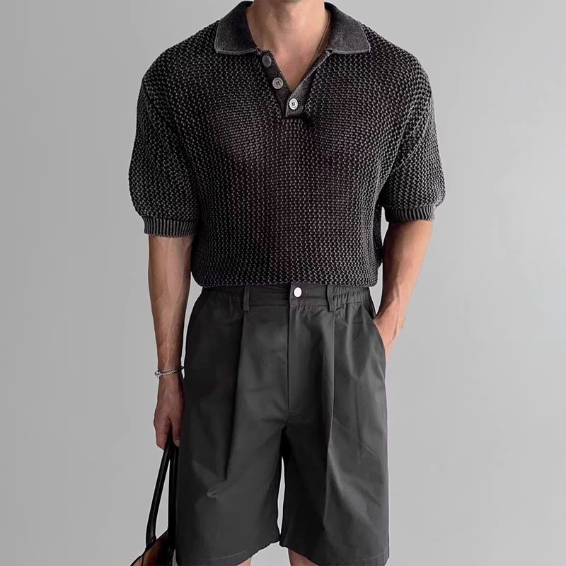 Herrenbekleidung Poloshirt Revers Kurzarm Strickpullover Herren Waben Hohl Dicke Linie Eisseide Sommer_voghion.com