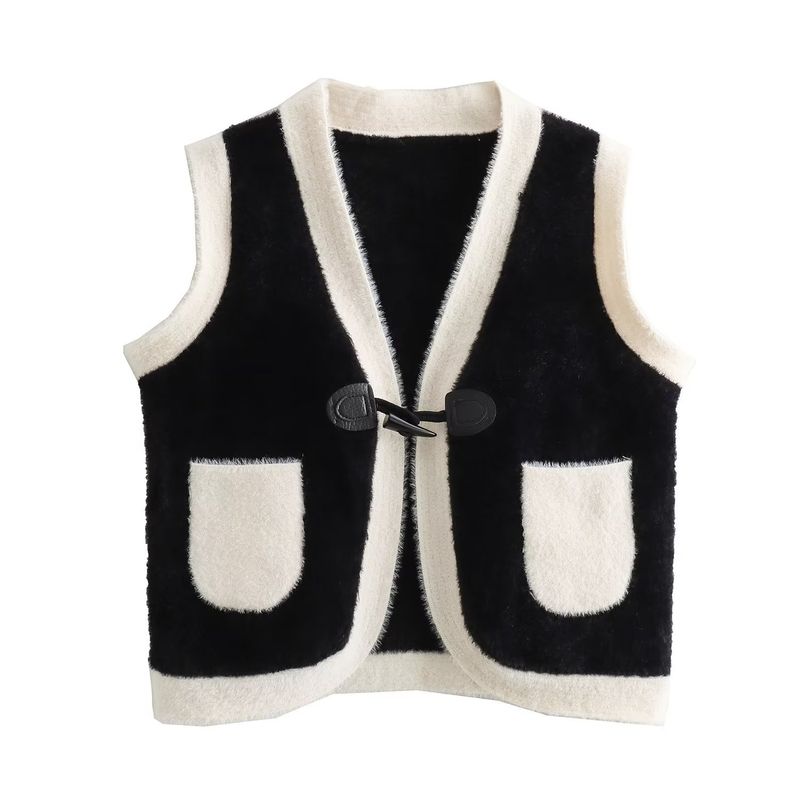 Gilet senza maniche in maglia con fibbia in corno a contrasto in pelliccia di visone autunno/inverno 2023 da donna_voghion.com