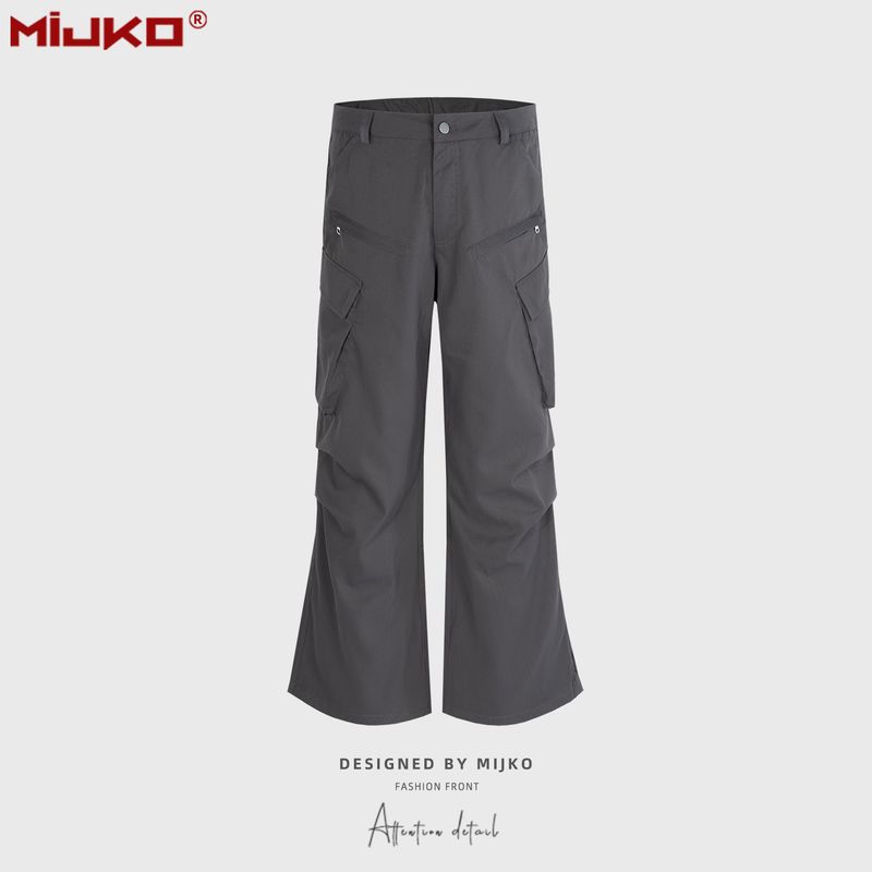 Herren- und Damenhose mit mehreren Taschen, plissierten Kniereißverschlüssen, Unisex, ausgestellte High-Street-Freizeithose mit weitem Bein_voghion.com