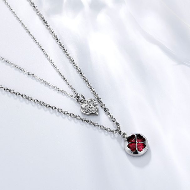 Collana con ciondolo a forma di quadrifoglio con diamanti intarsiati e cristalli per la festa della mamma, elegante e alla moda, con catena a doppio strato per clavicola._voghion.com
