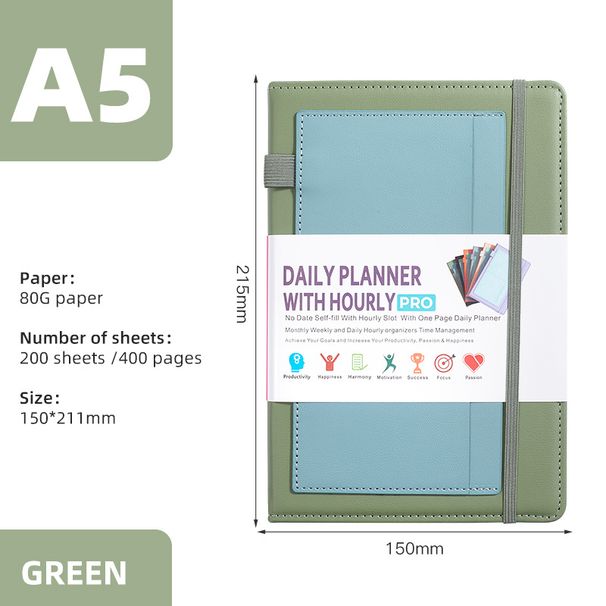Undated Daily Planner Notebook With Elastic Band & Stickers – PU Leather Cover, 200 Sheets Of 80G High-Quality Paper_voghion.com