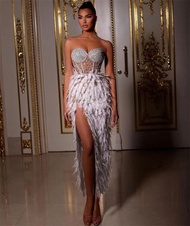 Women's Clothing Feather Rhinestone Beading Sexy Perspective High Slit Tube Top Dress Birthday Party Banquet Dress_voghion.com