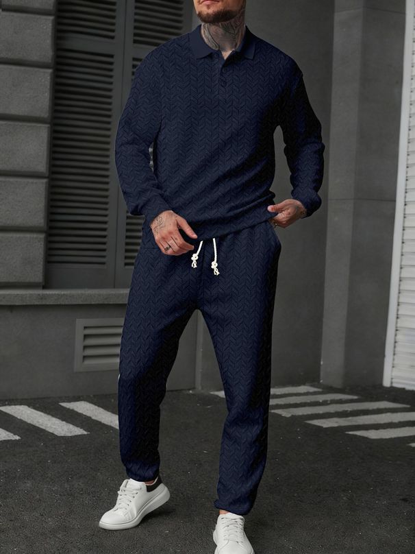 Completo polo e pantaloni a righe color grano da uomo – Completo sportivo a maniche lunghe per look casual e sportivi_voghion.com