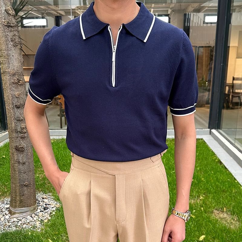 Men's Clothing Contrast color edge half zipper light luxury knitted POLO shirt men's business commuting summer short sleeved T shirt top men_voghion.com