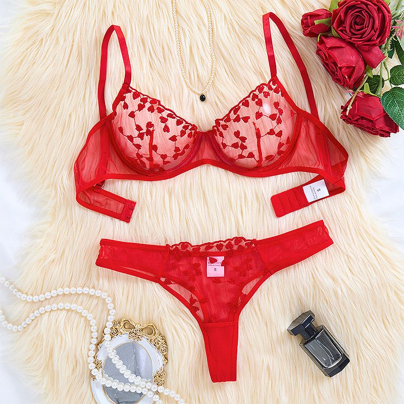 Women's Intimates Ultra Thin Sexy Underwear Heart Shaped Embroidery Perspective Mesh Pure Desire Sexy Underwear Set_voghion.com