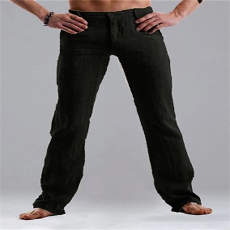 Herrenbekleidung Herren-Hose aus Leinen mit Taschen und geradem Schlauch, einfarbig, bequem, lässig, für den Alltag_voghion.com