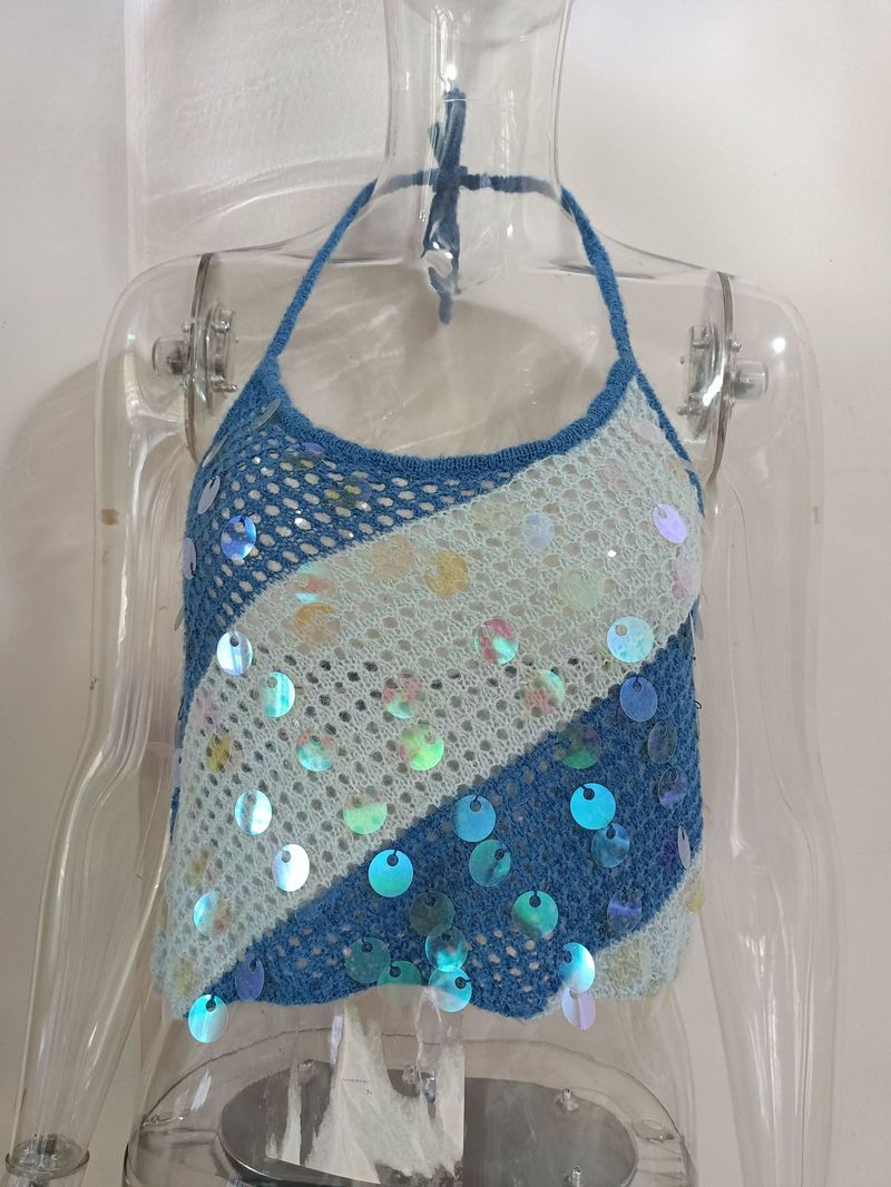Women's Clothing Women's Summer New Fashion Sequin Suspender Top Sexy Sequin Backless Lace Up T Shirt Sand_voghion.com