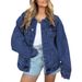 Women's Oversized Button Denim Jacket, Long Sleeve Casual Coat With Polo Collar, Lightweight Cotton Blend (50%-70%) For Spring & Fall_voghion.com