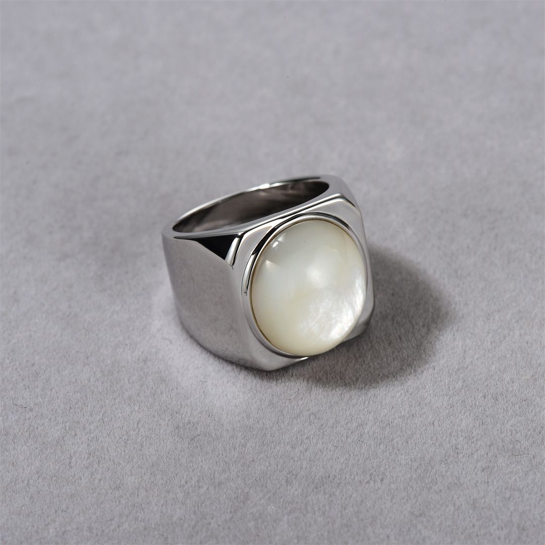 Damenschmuck Ovaler Punktstein & weißer Perlmuttring – Breites quadratisches Band Vintage Geometrisch Boho Minimalistischer Statement-Ring für Frauen_voghion.com