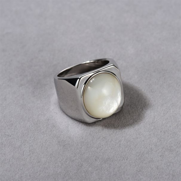 Damenschmuck Ovaler Punktstein & weißer Perlmuttring – Breites quadratisches Band Vintage Geometrisch Boho Minimalistischer Statement-Ring für Frauen_voghion.com