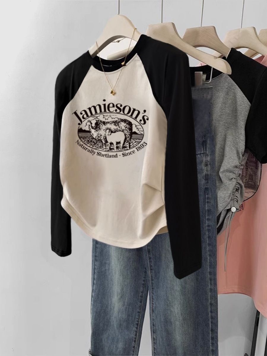 Maglietta da donna in stile americano, manica lunga raglan, taglie forti, nuova maglietta corta in cotone sottile per primavera autunno, autunno_voghion.com