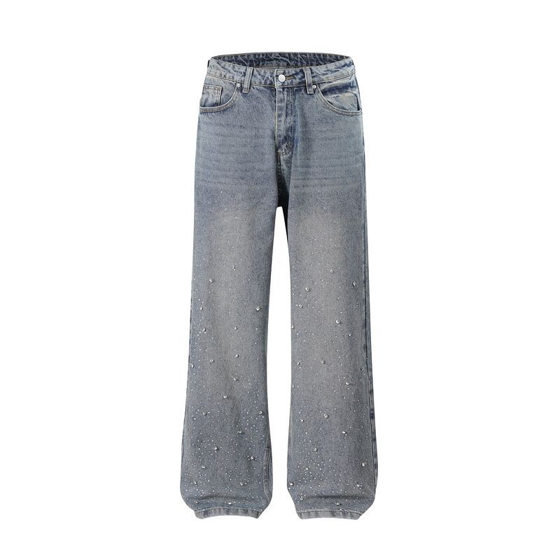 Women's Clothing Street Washed Loose Wide Leg Pearl Full Diamond Sticker Diamond Craft Stacked Jeans Jeans_voghion.com