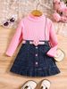 Babykleding Kinderkleding meisjes effen kleur vest shirt met lange mouwen denim open zakplooien Rokpak_voghion.com