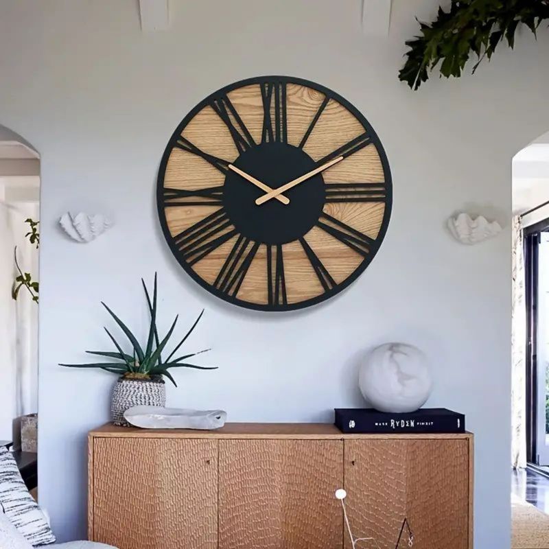 Reloj silencioso de madera retro creativo para sala de estar, reloj de pared de madera de hierro de lujo ligero_voghion.com