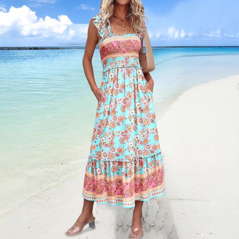 Robe d'été à bretelles et taille cintrée pour femme, style vacances_voghion.com