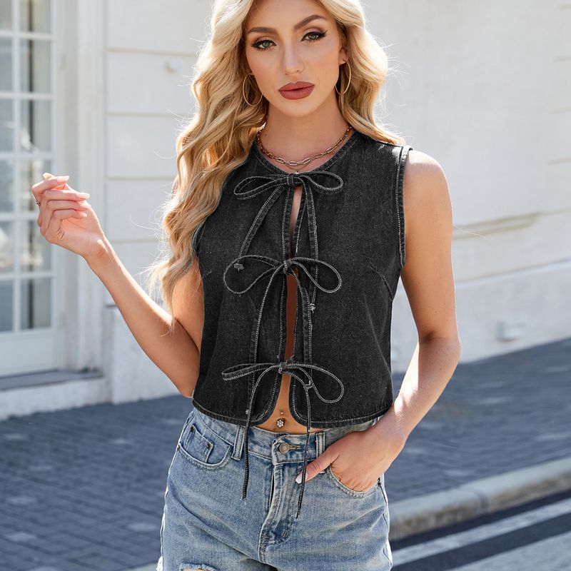 Ropa de mujer Chaleco de verano lavado con cordones Chaleco superior Versátil_voghion.com