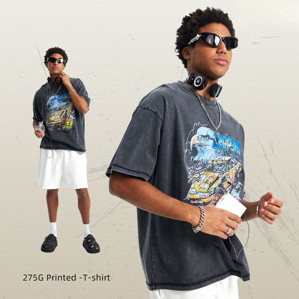 Maglietta da uomo con scollo piccolo, maniche corte, stile retrò, lavata, stampa batik_voghion.com